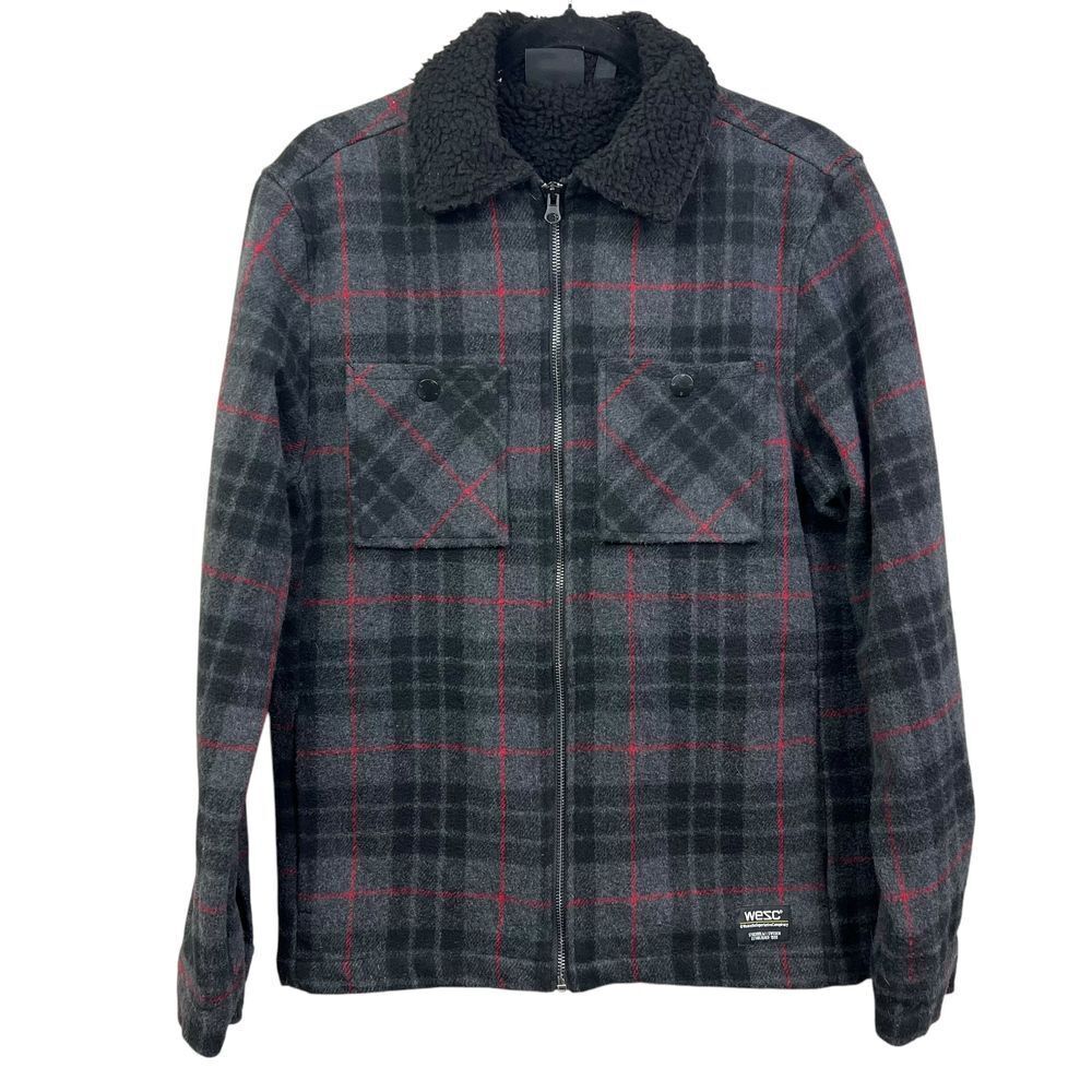 Wesc‎ Womens Plaid Jacket Sherpa Collar Checkered Gray Red Zip Up Sz M